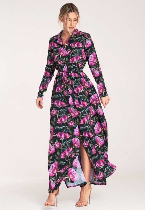 Rochie maxi, Figl, negru floral, cu nasturi, poliester