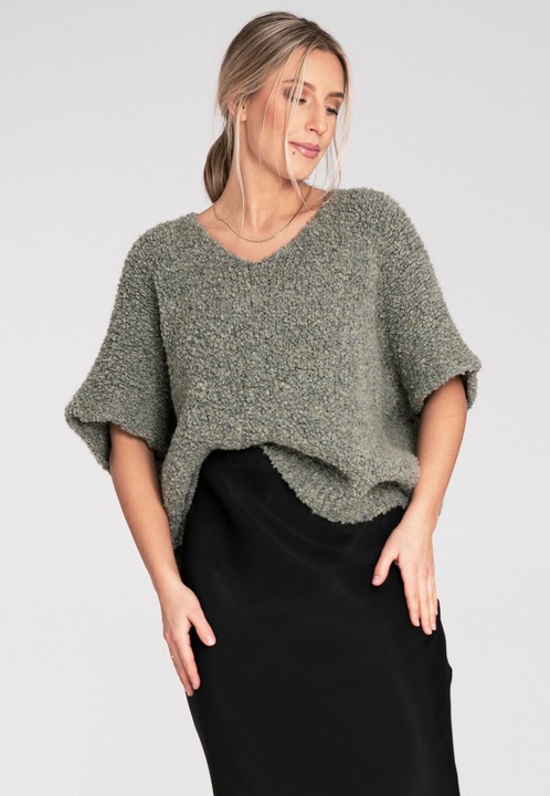 Pulover Figl verde din material boucle, cu maneci scurte, croiala lejera, pentru zilele reci, One Size INTL