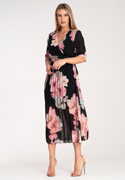 Rochie lunga, Figl, florala, neagra, plisata, poliester, S-M INTL
