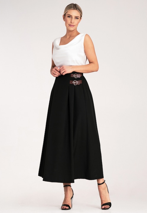 Fusta midi neagra Figl cu curea, eleganta, din poliester si elastan, S-M INTL