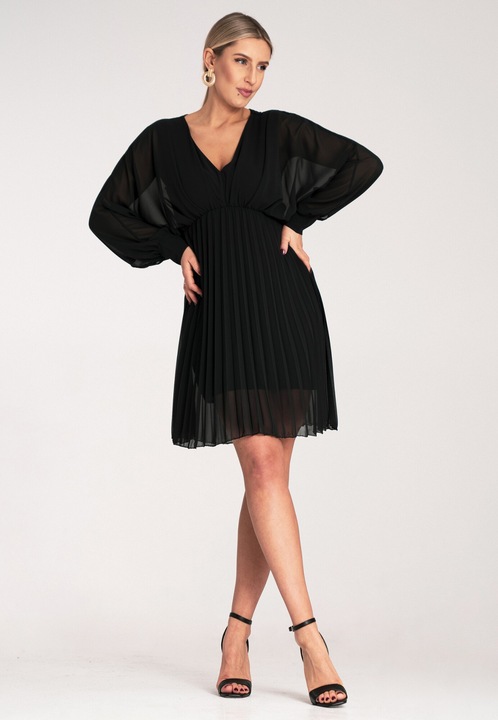 Rochie eleganta Figl, din sifon, neagra, cu maneci lungi, poliester, S-M INTL