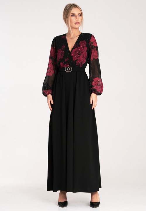 Rochie maxi Figl, neagra cu flori rosii, din poliester, cu maneci lungi, S-M INTL