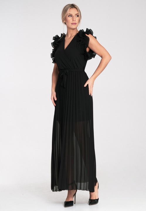 Rochie de seara maxi, Figl, neagra, cu volane, poliester, S-M INTL