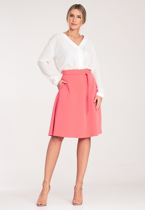 Fusta midi Figl, roz, cu curea aurie, croi evazat, poliester