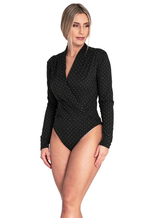 Bluza de tip body dama Figl, negru, cu decolteu in V, maneci lungi, poliester/elastan, S-M INTL