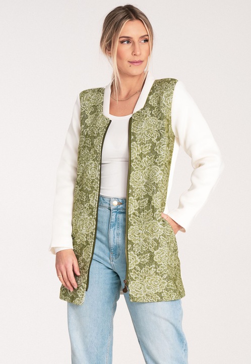Jacheta dama M1062, Figl, Lana/Poliester, Alb/Verde
