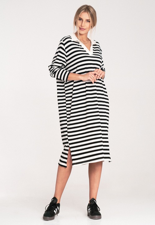 Rochie eleganta Figl, alb-negru, cu guler, din tricot elastic, lungime pana la genunchi, viscoza/nylon, One Size INTL