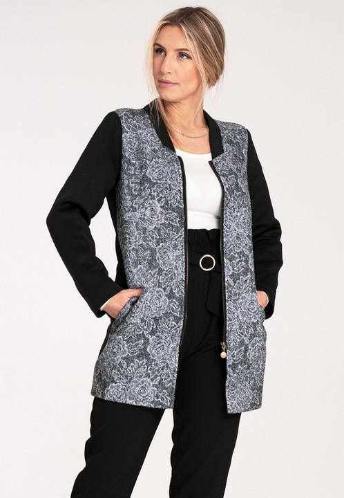 Palton dama Figl M1062, negru, design modern, guler ridicat, material textil cu motiv floral