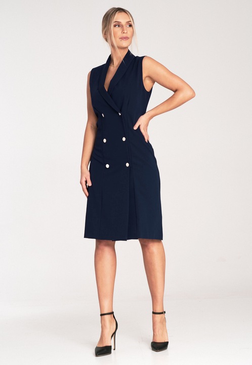 Figl midi blézer ruha, sötétkék, ujjatlan, gombos, poliészter és viszkóz