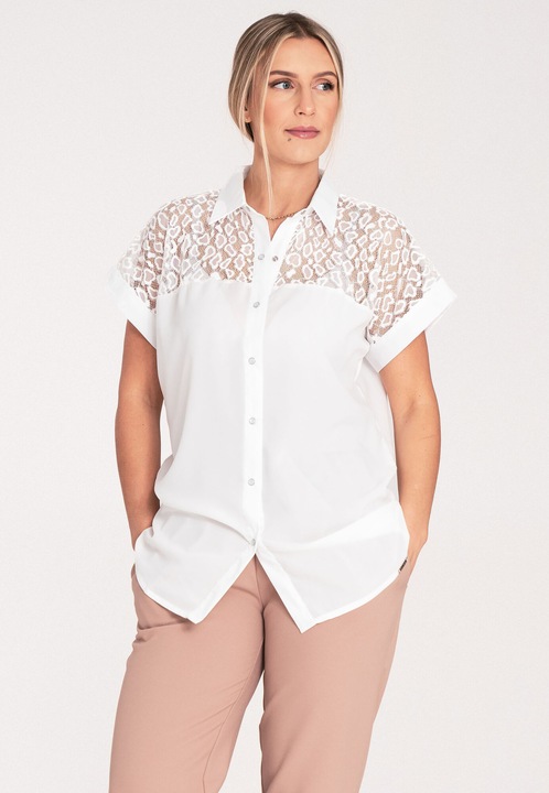 Figl női ing, áttört, rövid ujjú, csipke, ekrü, poliészter