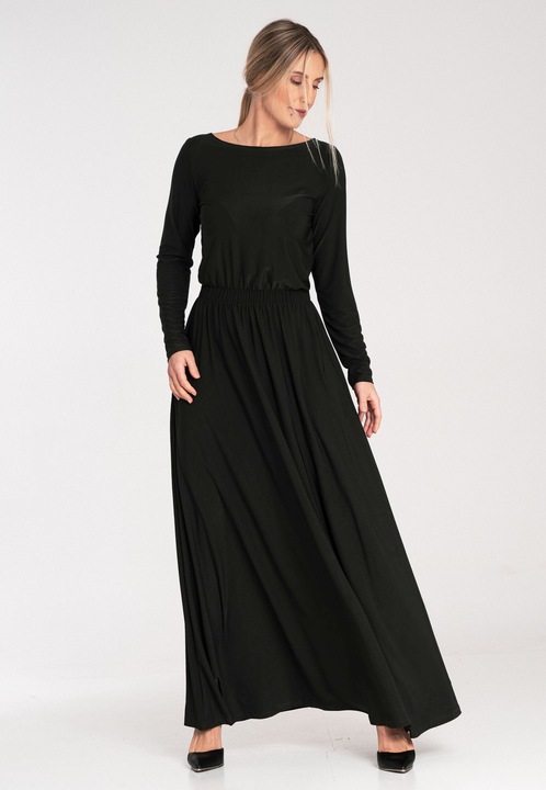 Rochie lunga, Figl, model M1052, maneci lungi, neagra, poliester-elastan