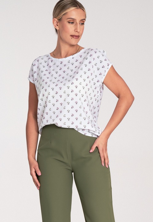 Дамска блуза с цветя, Figl, Полиестер/Еластан, Къс ръкав, Бяла