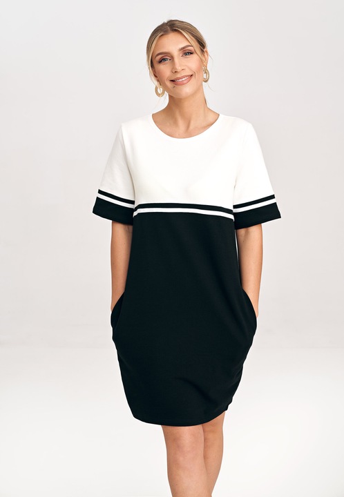 Rochie din bumbac FIGL M1028, doua tonuri, maneci scurte, buzunare, alb/negru