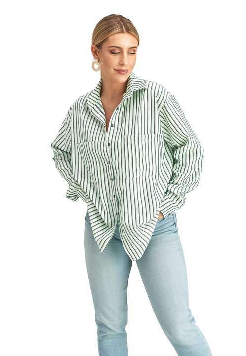 Figl elegáns női ing, M1024 modell, zöld-fehér csíkos, poliészter és viszkóz anyagból