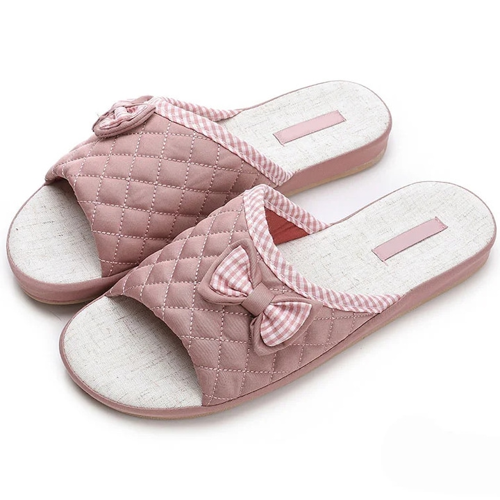 Papuci dama interior, stil elegant, satin matlasat si fundita, Roz, 38