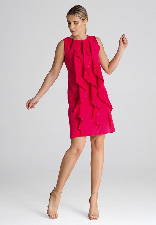 Rochie trapez FIGL M1002, rosu, cu volane, 65% poliester, 35% viscoza