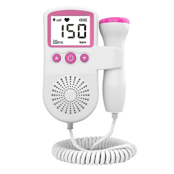 Monitor de ritm cardiac fetal pentru masurarea functiilor vitale ale fatului, afisaj LCD, sonda cu sensibilitate ridicata, control al volumului, anulare inteligenta a zgomotului, compatibil cu casti si difuzoare, 30 ml gel + 1 pereche de baterii AAA, alb