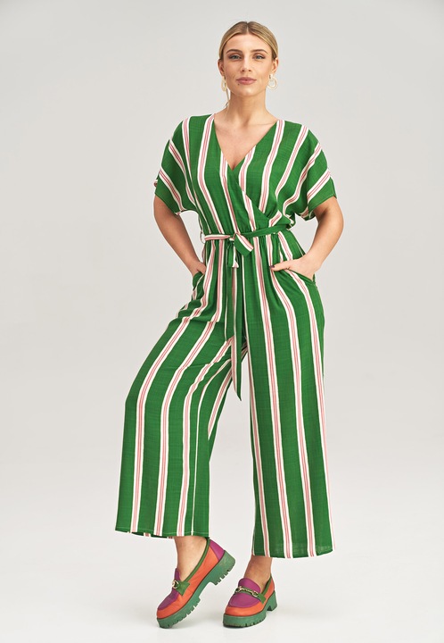 Salopeta dama, Figl, cu maneci kimono, in dungi, verde, viscoza, S-M INTL