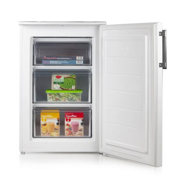 Mini congelator DOMO, capacitate 87 litri, H 85 cm, congelare 4 stele, ideal pentru birou/hotel/rulota, consum redus, temperatura ajustabila, 3 compartimente, inclusiv Big Box, usa reversibila, picioare ajustabile, design compact, dezghetare manuala, alb