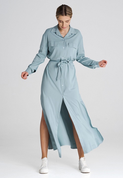 Rochie camasa lunga Figl, menta, maneci lungi, guler clasic, poliester, M INTL