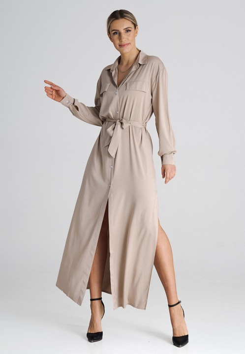 Rochie camasa bej Figl M1000, eleganta, confortabila, din poliester si elastan, XL INTL