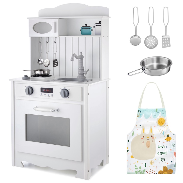 Set Bucatarie Din Lemn Cu Accesorii Si Lampa Led, Mamabrum, Material Lemn, Placa Mdf, Inaltimea Blatului De Lucru Aprox. 49 cm, Greutate Aprox. 7, 3 kg, Bucatarie Testata Conform Normelor Europene, 92, 7x47, 5x30 cm, Alb, 11 buc