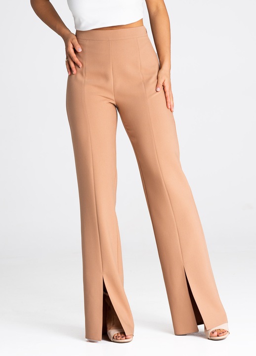 Дамски панталон Figl M955, елегантен, с висока талия, плисиран, кафяв, полиестер, вискоза, еластан