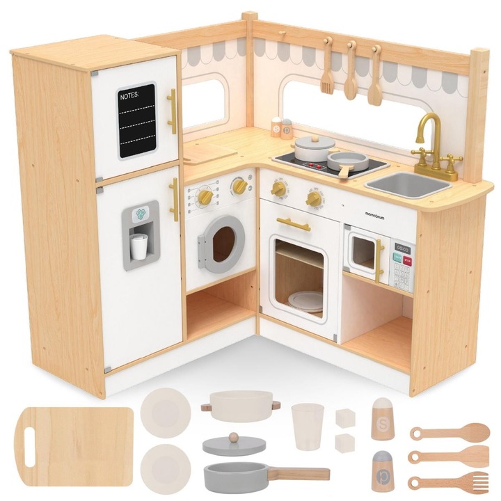 Set Bucatarie Coltara Din Lemn Cu Accesorii, Mamabrum, Mam176 Kitchen, Fabricat Din Lemn De Pin De Inalta Calitate, Elemente Interactive, Constructie Durabila Si Solida, Suprafata Neteda, Slefuita Cu Grija, 84x84x85 cm, Multicolor, 11 Accesorii