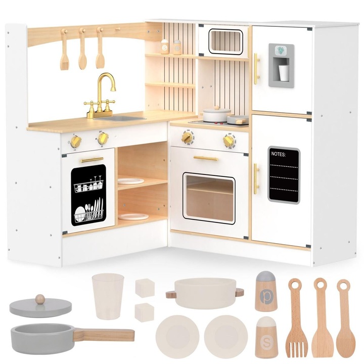 Set Bucatarie Coltara Din Lemn Cu Accesorii, Mamabrum, Mam179 Kitchen, Fabricata Din Lemn De Pin De Inalta Calitate, Elemente Interactive, Constructie Durabila Si Solida, Suprafata Neteda, Finisata Cu Grija, 88x99x89 cm, Alb, 11 Accesorii