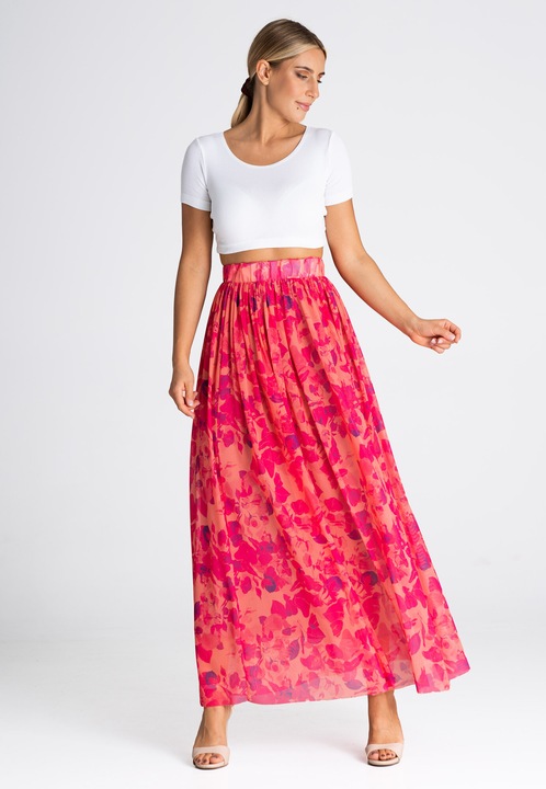 Fusta lunga plisata, Figl, floral, roz, textil, L-XL INTL