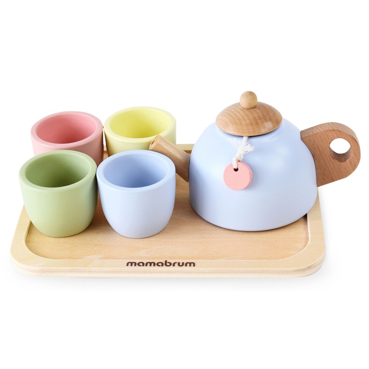 Set De Ceai Din Lemn Cu Tava, Mamabrum, Mam136, Fabricat Din Lemn De Inalta Calitate, Fara Margini Ascutite, Vopsit Cu Vopsele Netoxice, Caracter Ecologic, 19, 8x14, 8x8, 5 cm, Multicolor, 7 Piese