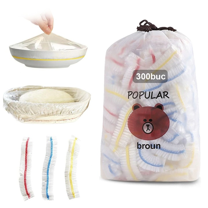 Set 300 folie alimentara, material PE grad alimentar, rezistenta si durabila, reutilizabila, design elastic cu gura ajustabila, pastreaza proaspatatinea pe termen lung, protectie usoara impotriva prafului si insectelor