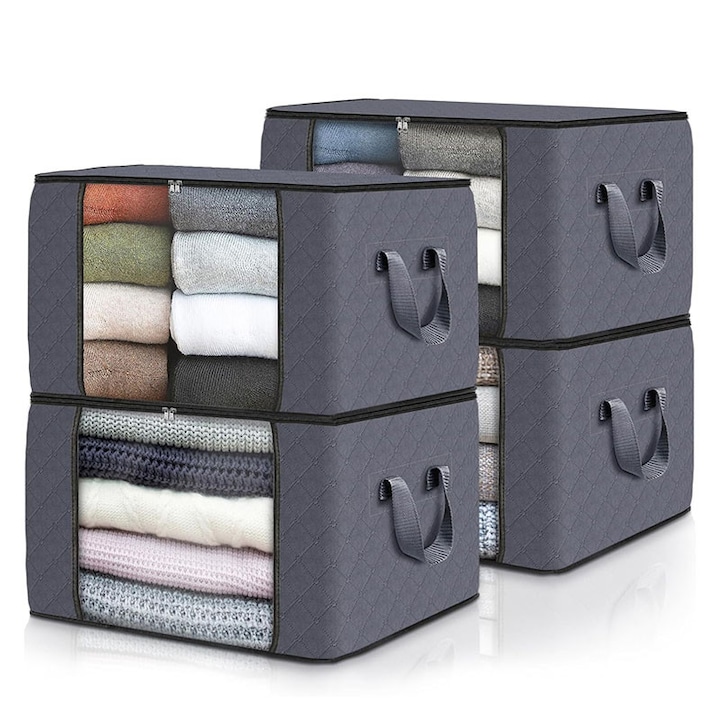 Комплект от 4 кутии за съхранение и организация, мек нетъкан текстил, 84 литра, 60x40x35 см, сгъваеми, с прозрачен прозорец и дръжки, използвани за организиране на спалнята, гардероба, дрехите, завивките, сив цвят