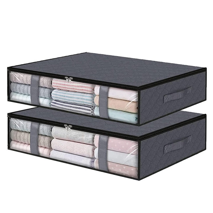 Set 2 Cutii Depozitare si Organizare, material textil netesut moale, 40 litri, 60x45x15 cm, pliabile, cu fereastra transparenta si manere, utilizate pentru depozitarea si organizarea hainelor, plapumilor, asternuturilor, ambalare in vid，culoare gri