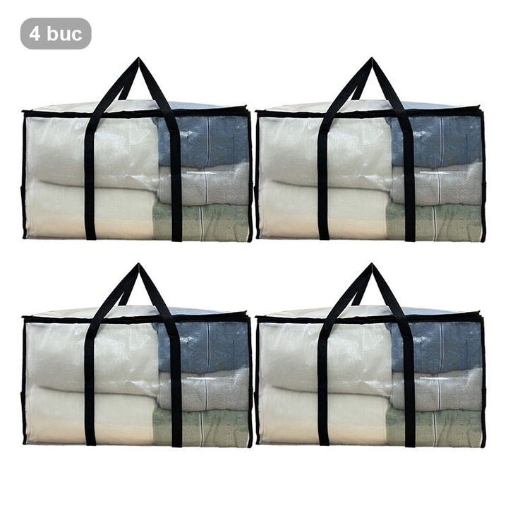 Set 4 saci de depozitare​, transparent din PP, 73x35x37cm, p​l​i​a​b​i​l​, cu fermoar, manere superioare si laterale, utilizabil pentru mutare, camin studentesc, calatorii, haine/paturi, bagaje