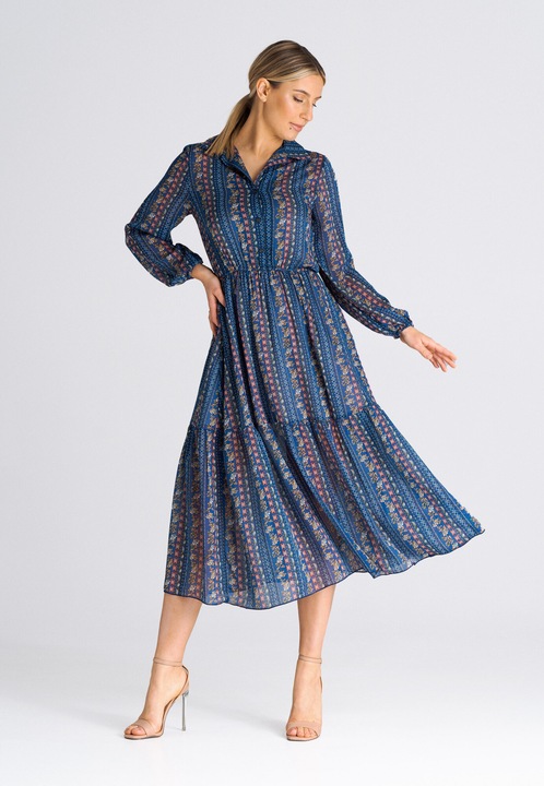 Rochie maxi Figl M942, florala, albastru, cu maneca lunga, din poliester, S-M INTL