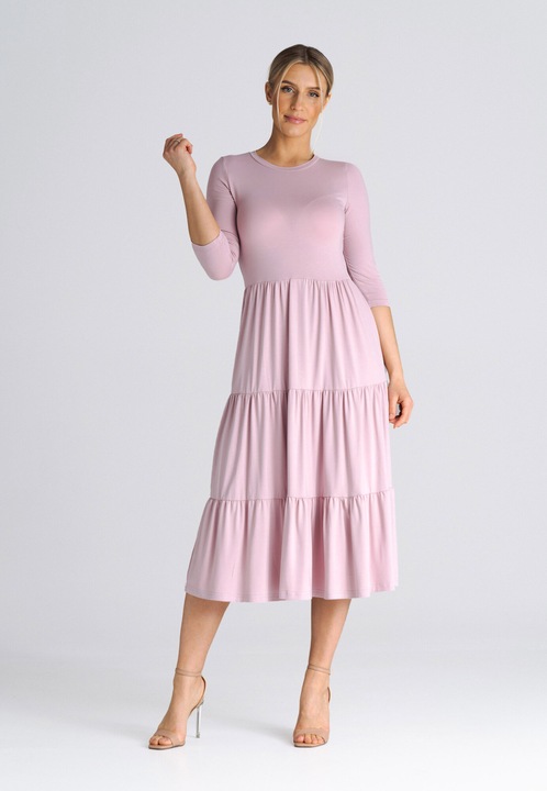 Rochie mulata Figl, cu volane, maneca 3/4, roz, viscoza