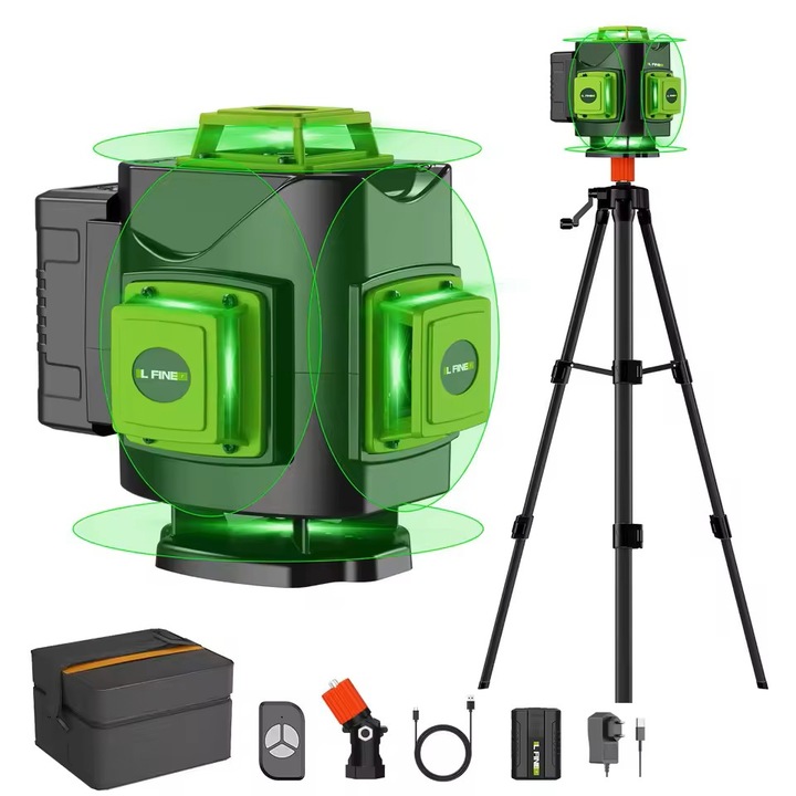 Nivela Laser 4D, Hesasa®, Profesionala, 16 linii, 4x360º, IP-54, 1 x Baterie 2400mAh, Precizie milimetrica, 515 nm dioda laser, ± 3° domeniu lucru 30 m, cu Telecomanda, Negru/Verde
