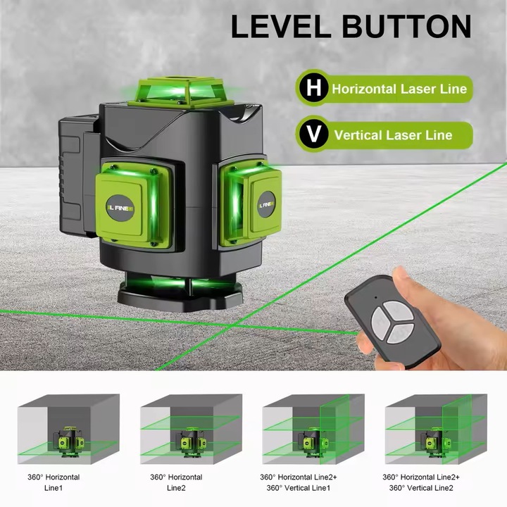 Nivela Laser 4D, Hesasa®, Profesionala, 16 linii, 4x360º, IP-54, 1 x Baterie 2400mAh, Precizie milimetrica, 515 nm dioda laser, ± 3° domeniu lucru 30 m, cu Telecomanda, Negru/Verde