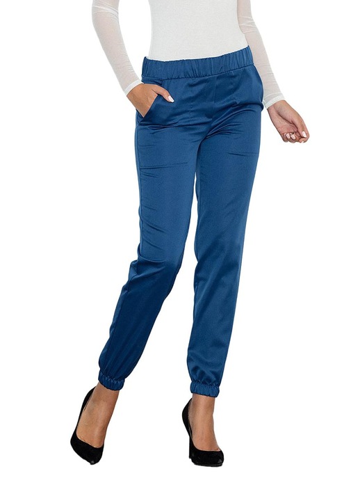 Figl M556 női nadrág, kék, rugalmas derékkal, zsebekkel, poliészter/elasztán