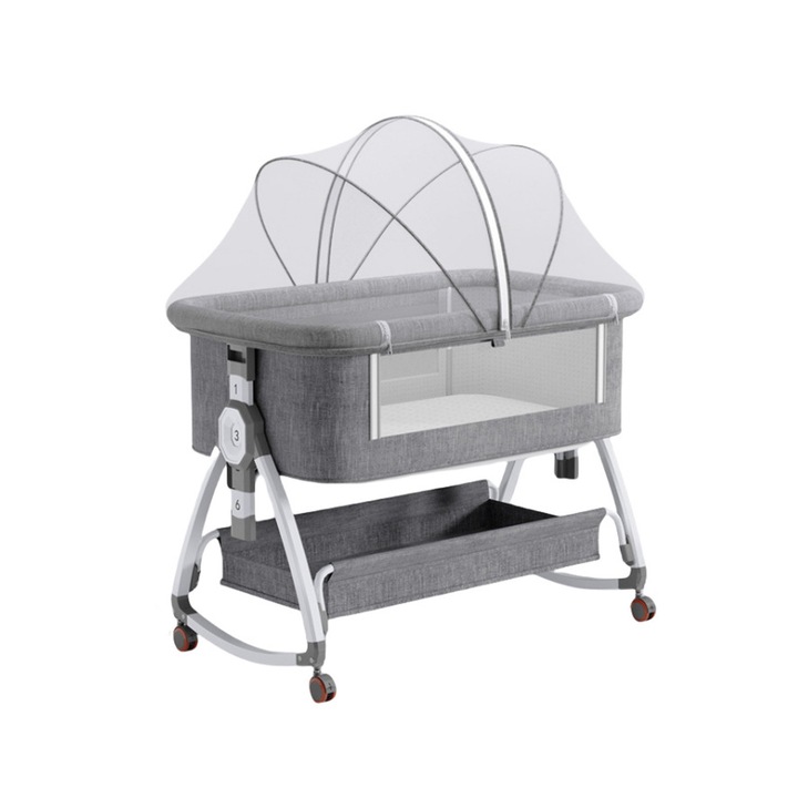 Patut portabil bebe, ZGGZERG, Cu plasa impotriva tantarilor, Masa de Infasat Detasabila, Saltea Moale, Intrare Laterala cu Fermoar, Reglabil in 6 pozitii pe inaltime, Usor de Transportat, Pentru 0-18 luni, Bumbac pp+Burete, 95*56cm, Gri