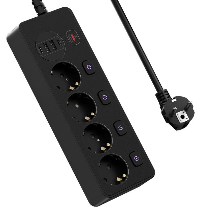 KATITFENXK elosztó, 4 aljzat, 2 USB-A, 2 Type-C, fekete, 2m, 3000W