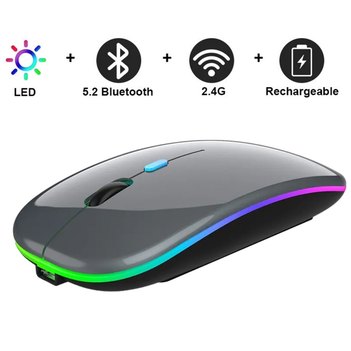 iNext 2.4G и Bluetooth безжична оптична мишка с два режима, с RGB осветление, USB приемник, бутони за изключване на звука, с бутон за DPI, регулируема 800/1200/1600DPI, ергономична, за PC Mac лаптоп, 500mAh, сива