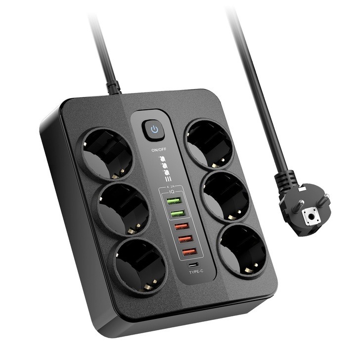 Удължител 3000W, NAIXUES, Номинален ток 10A, AC220-250V, 6 гнезда, 5 USB-A и 1 Type-C, превключвател с едно докосване, 175*140*40 мм, Обща дължина 2 м, Наличен заземяващ кабел, Защита от претоварване, Черен