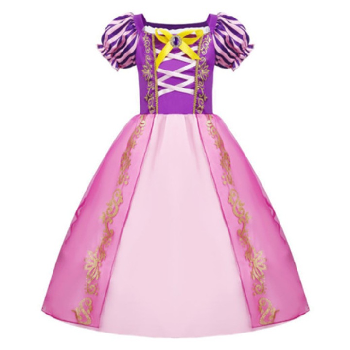 Set rochie fetite carnaval cu sclipici auriu si brosa Mixbo, Printesa, satin/tul, 8-9 ani, roz/mov