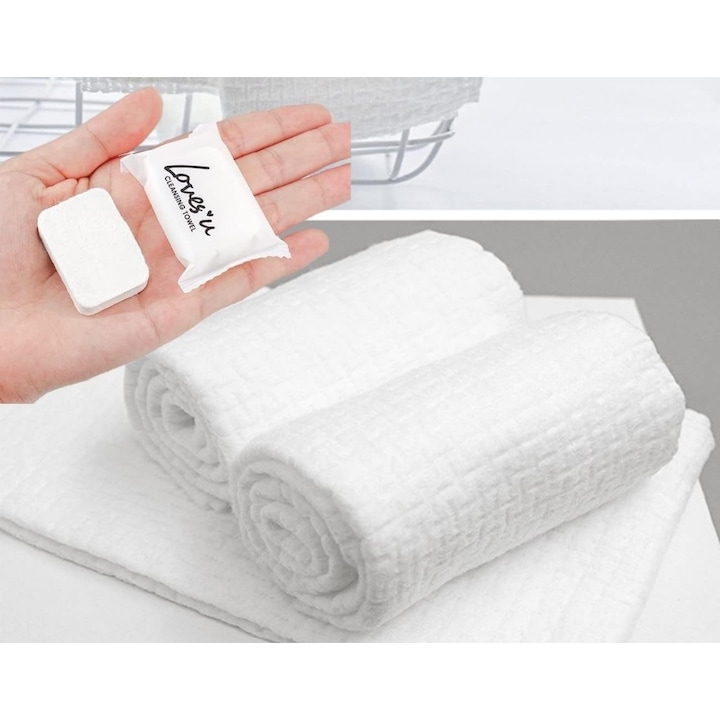 Set de 100 prosoape compresate de unica folosinta, Ronyes®, 100% bumbac, 24x30 cm, pentru calatorii, camping, calatorii de afaceri, alb