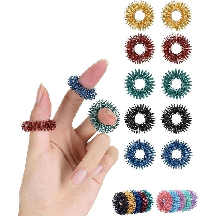 Set de 10 inele de masaj cu furnicaturi, Ronyes®, din otel inoxidabil, reutilizabile, rezistente la culoare, pentru reducerea stresului, multicolore