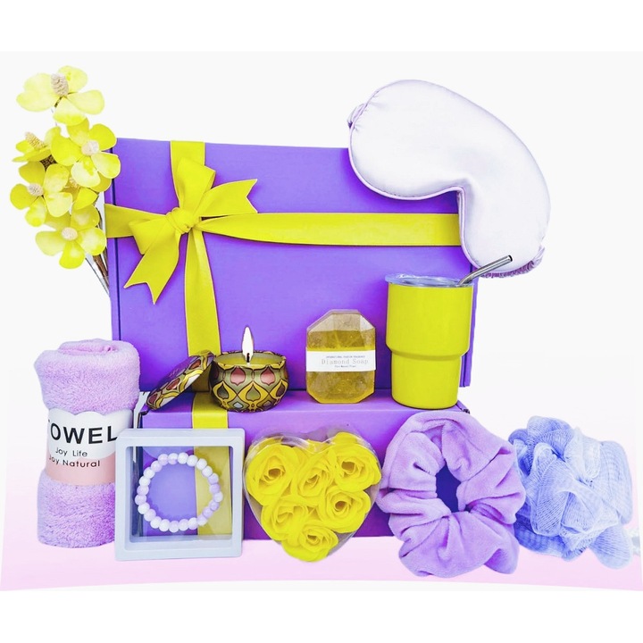 Спа подаръчен комплект за жени, 10 части, чаша, маска за очи за сън, ароматизирана свещ, лента за коса, гривна, роза, сапун, гъба за баня, релаксиращи подаръци за Свети Валентин, Деня на майката и Коледа, лилав/жълт, Carrlinechoo®