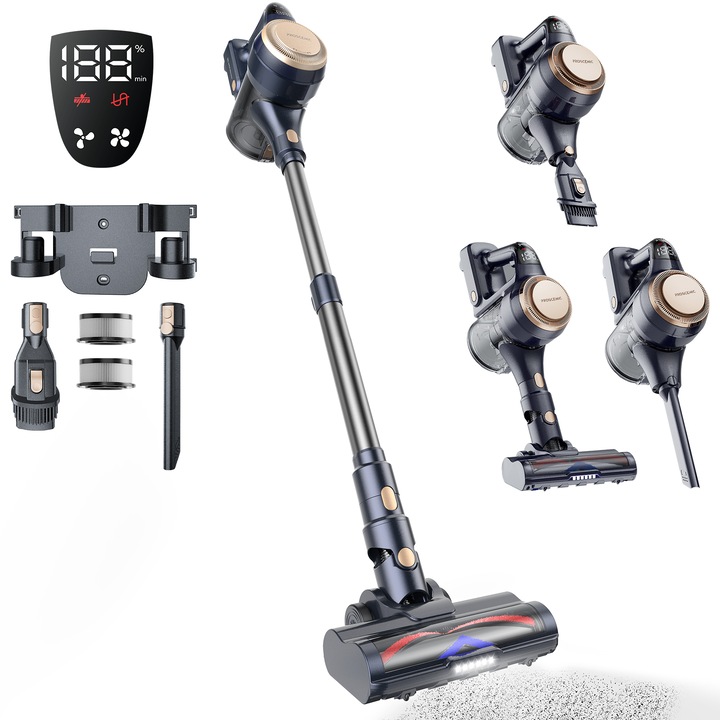 Aspirator vertical fara fir Proscenic P11 Lite, 400 W, Ecran LED digital, suport de perete cu incarcare, baterie detasabila 2200 mAh, autonomie 40 min, filtrare 99.99%, capaitate 550 ml, perie cu iluminare LED, tub flexibil, Negru