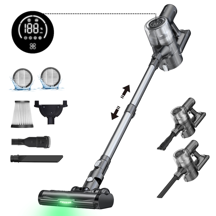Aspirator vertical fara fir Proscenic P13, 55KPa/550W, aspirator de mana cu autonomie de 45 de minute, galeata de praf de 800ml, perie anti-incurcare pentru podele, 78 dB, potrivit pentru podele netede si covoare
